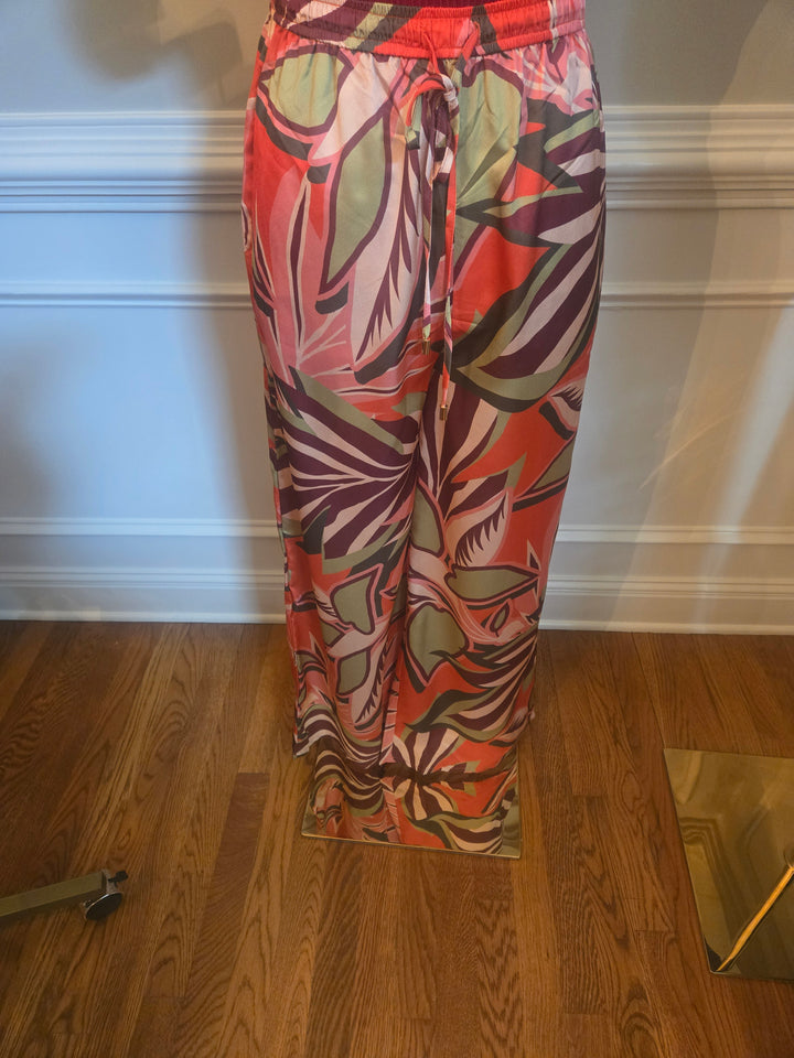 Printed Satin High Waisted Wide Leg Pants w/Pockets