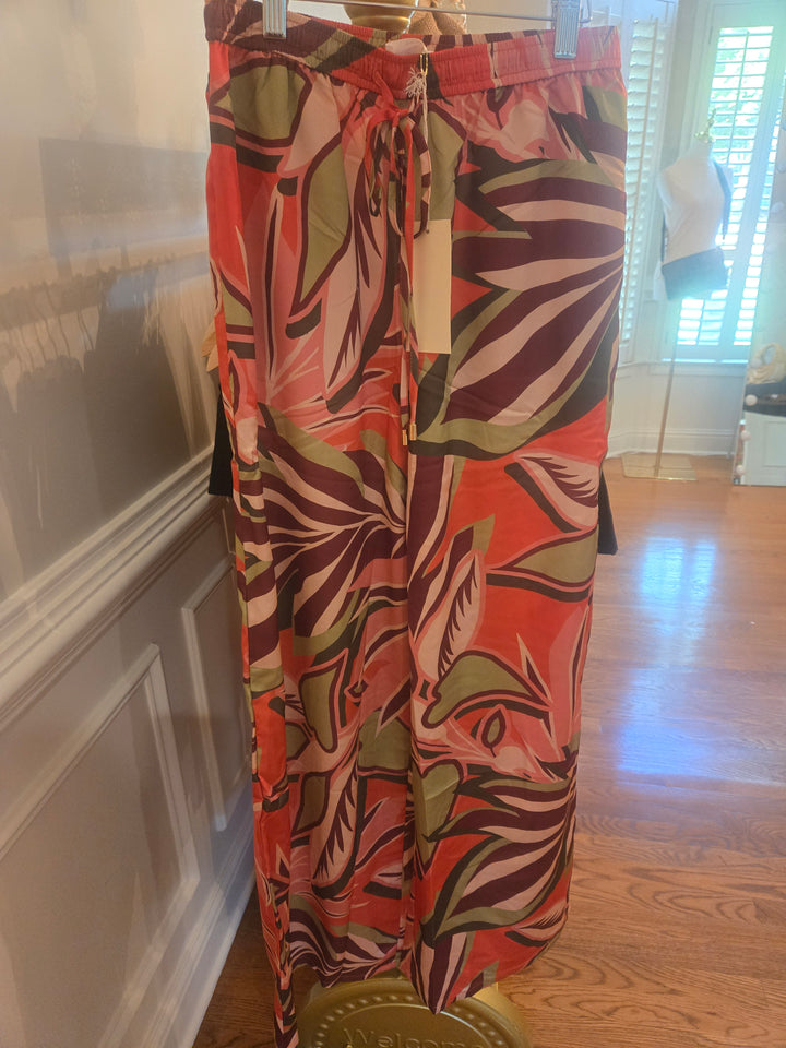 Printed Satin High Waisted Wide Leg Pants w/Pockets
